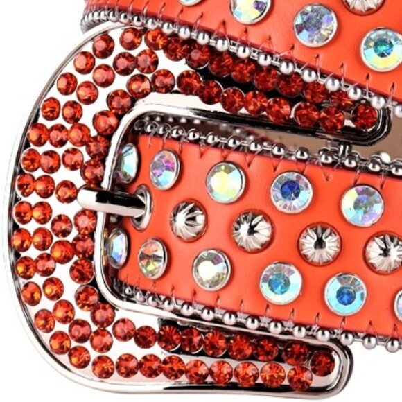 Rhinestone Belt–SUN030–Orange Belt, Multi-Colored Rhinestones & Silver Studs - Picture 6 of 6